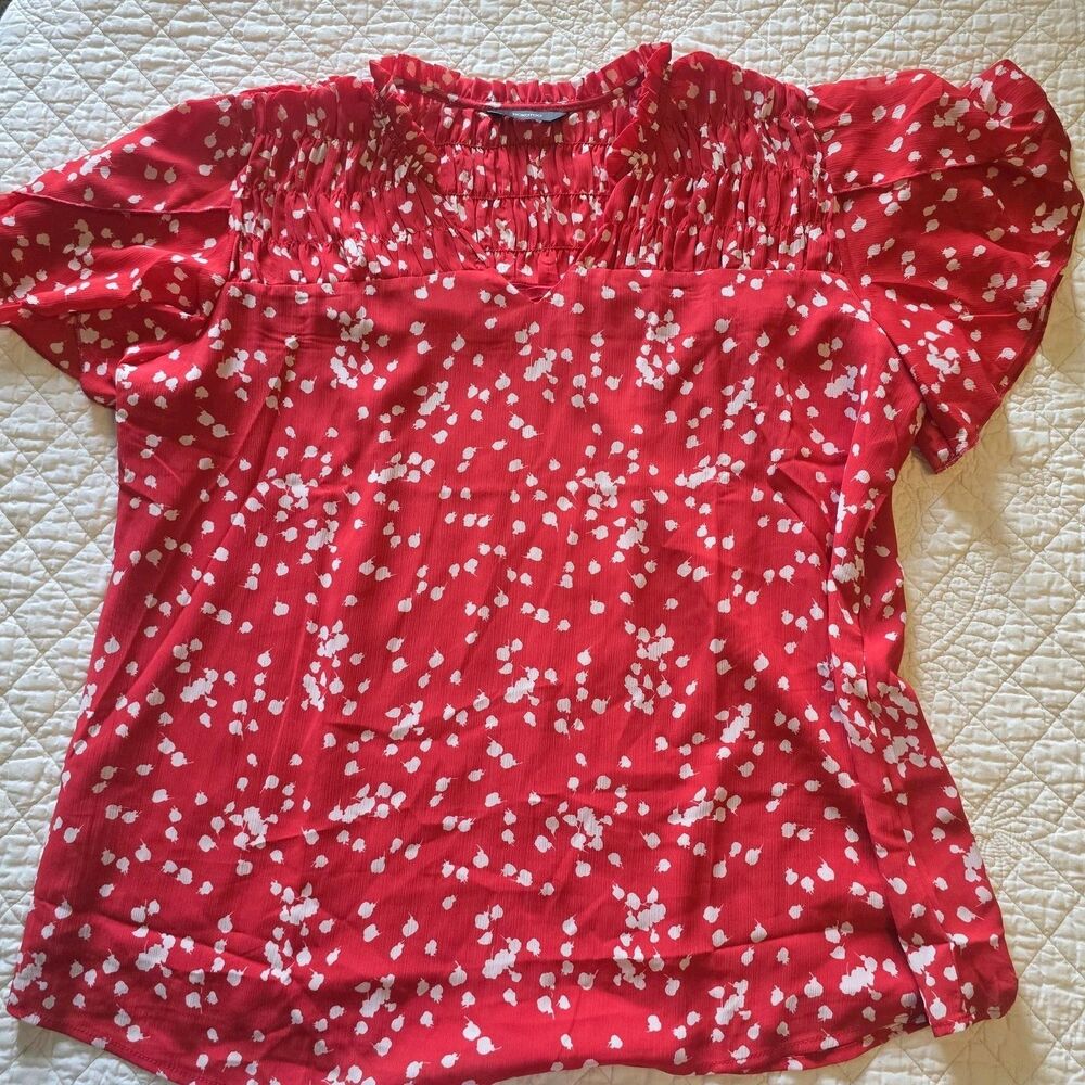 Dokotoo Red Abstract Floral Print Ruffle Neck Short Sleeve Blouse Sz Xl